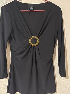 Saint Tropez West Black Long-Sleeve V-Neck Blouse with Gold Ring